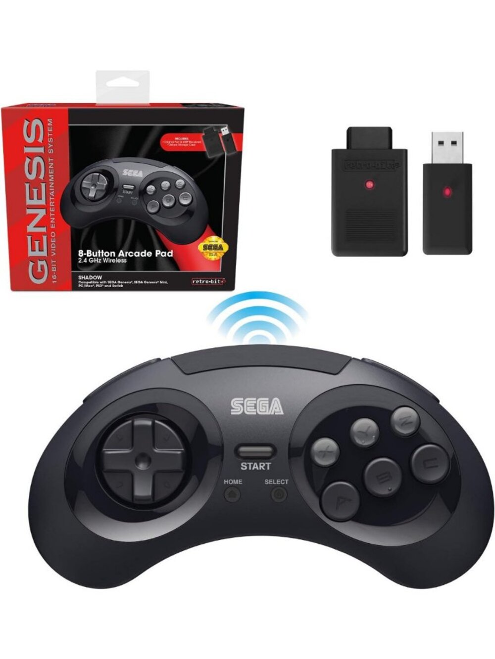 Wireless Retro 8-Button Controller for SEGA Genesis - 2.4 GHz, Black Gaming